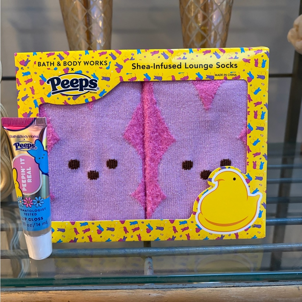 Bath & Body Works Peeps Pink Shea-Infused Lounge Socks Gift Set/Lip Gloss NWT